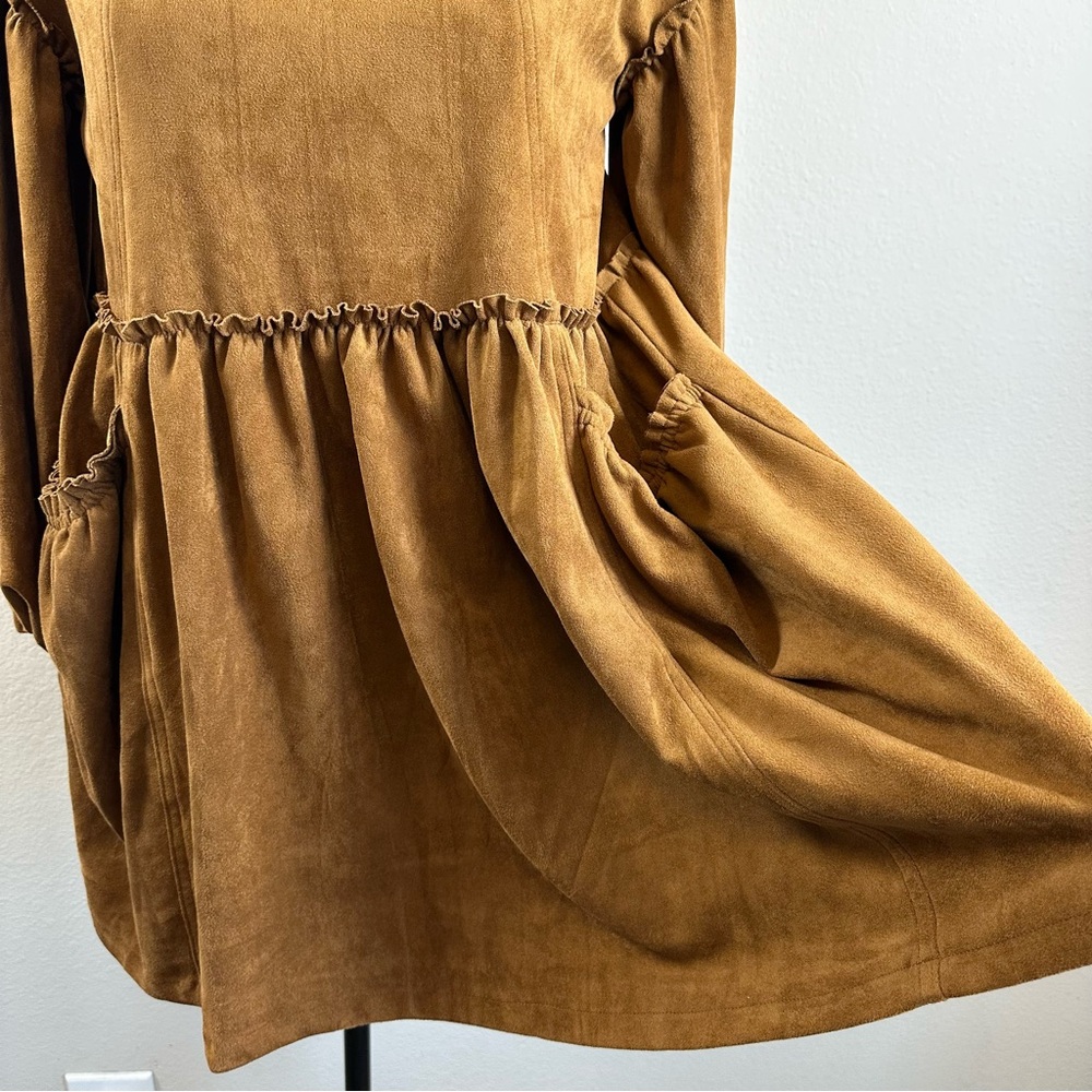 Chelsea & Violet Faux Brown Suede Babydoll Dress XS Pockets Prairie Cottagecore - Picture 4 of 10
